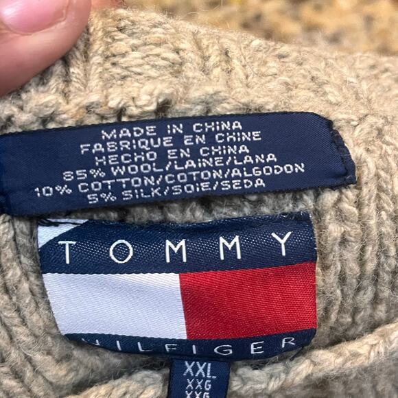 Vintage 90 Tommy Hilfiger Men XXL Knit Adult Beige Pullover Crewneck  Wool Blend - Picture 4 of 6